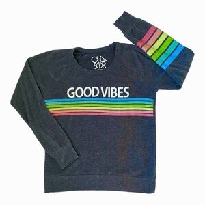 CHASER Good Vibes Pullover Sweater Gray + Rainbow Stripes Size Small (GUC)